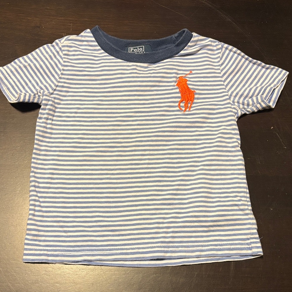 Ralph Lauren Kids Blue and White Striped Tee with Orange Logo